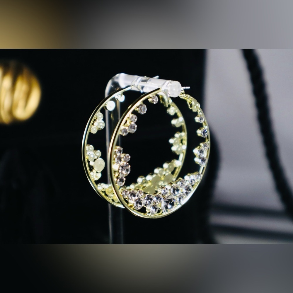 Stunning Crystal Gold Large Disk Hoop Earrings